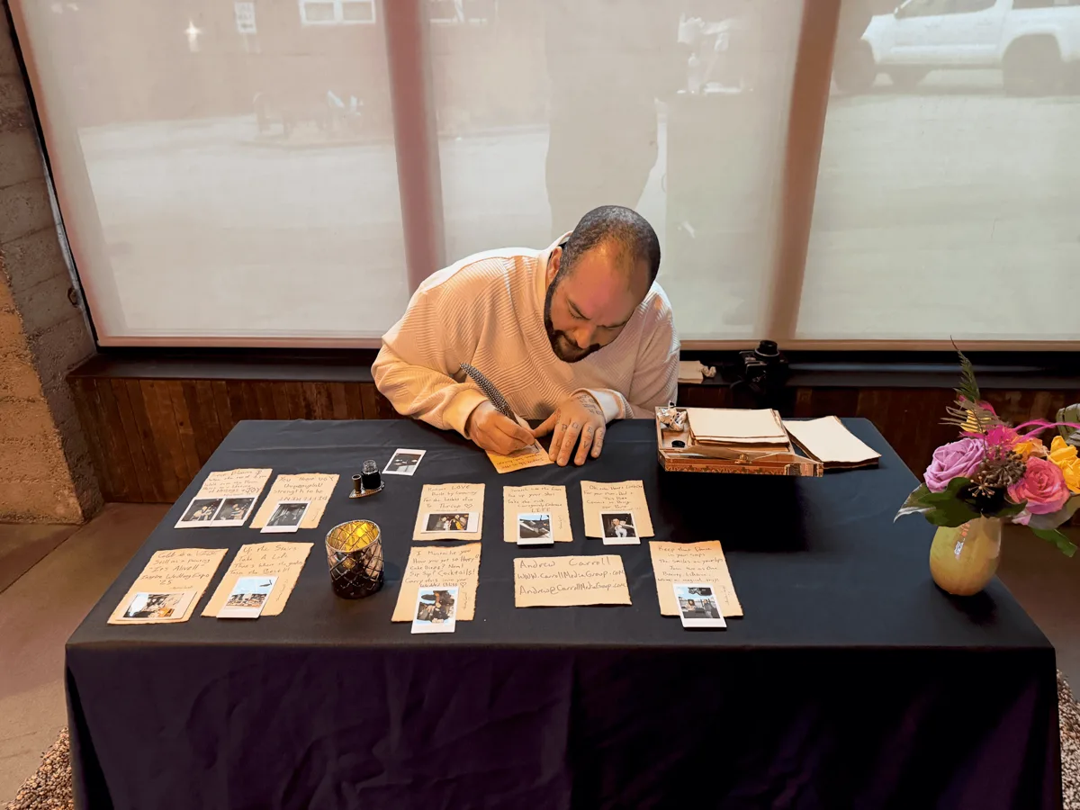 Poetry or spoken-word performance scene with stage lighting.